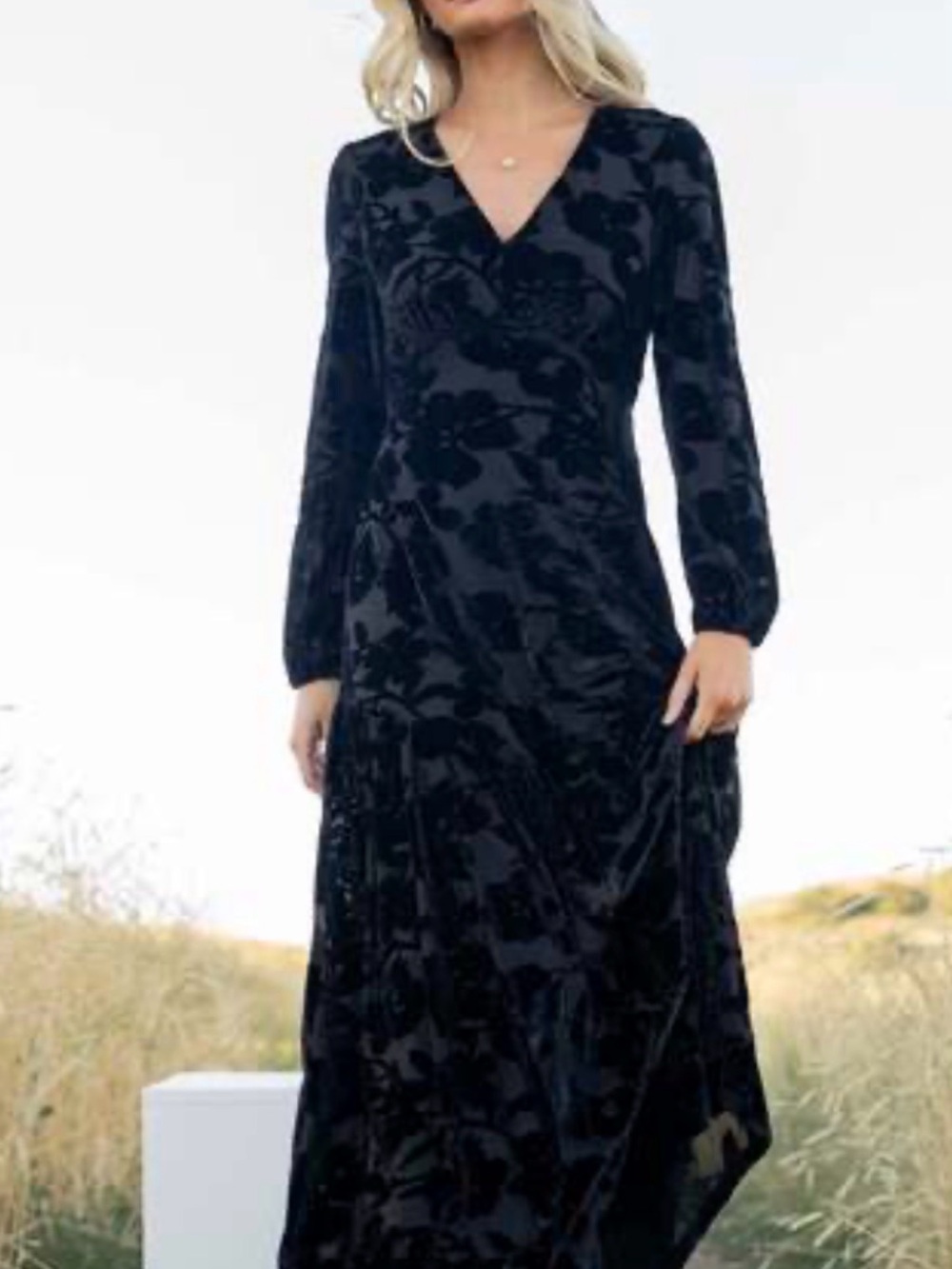 Baltic Born Vienna Black Floral Velvet Maxi Dress with V-Neck